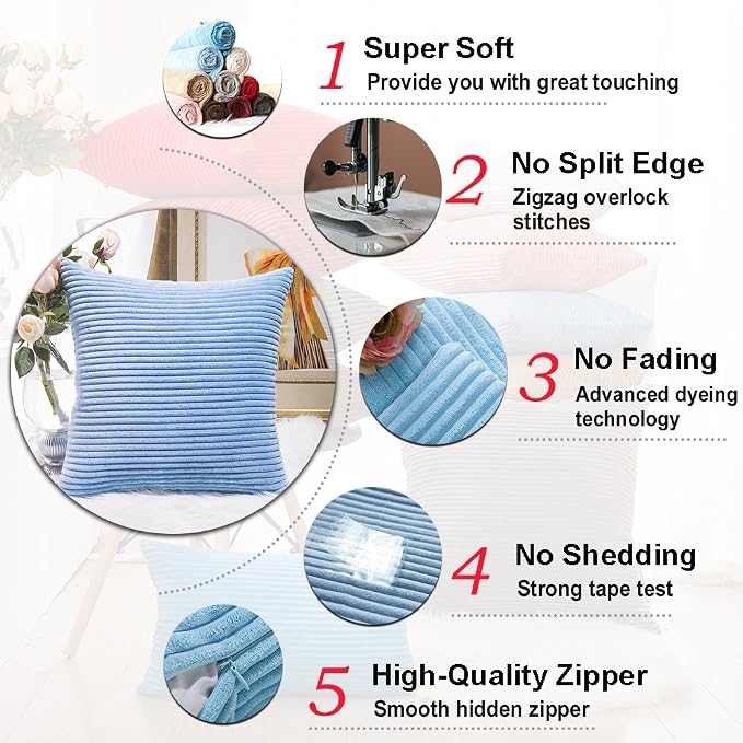 Home Brilliant Summer Decor Solid Supersoft Corduroy Pillow Cover 18x18 Decorative Velvet Throw Pillow Cover with Zipper for Bedroom Living Room, Sofa, Couch Bench, Light Blue, 18"x18" (45cm)