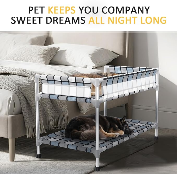 Bedside Dog Bunk Bed with Guardrail, 2 Layers Window Perch Sleeper Dogs Cot | 2-Tier Bedside Sleeper with 3-Fence, Double Elevated Human Dog Bed for Multi-Pet Households, Medium