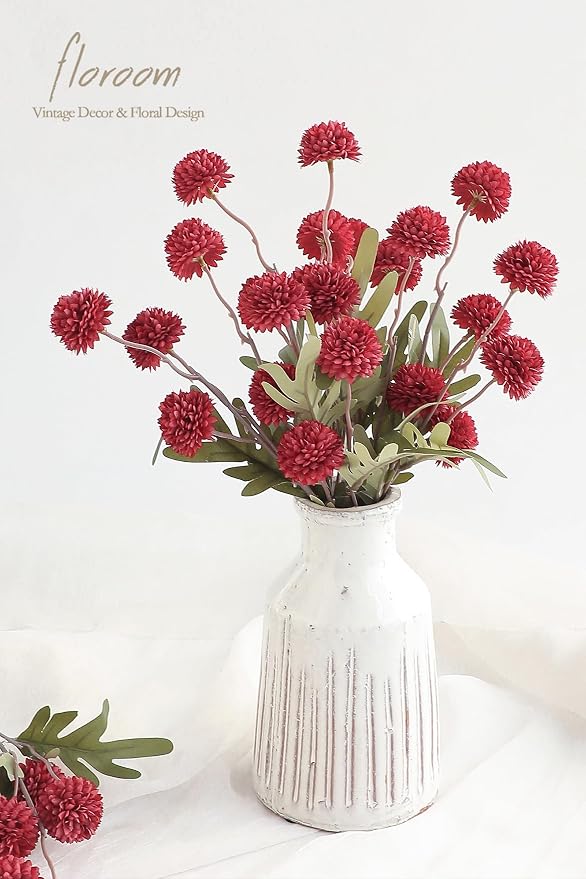 5pcs Dark Red Faux Silk Mums Artificial Flowers, Bulk Fake Small Mini Chrysanthemums with Stems for DIY Wedding Centerpieces Floral Arrangements Vase Fillers Home Decorations
