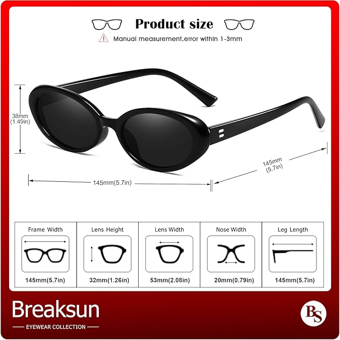 Breaksun Retro Oval Sunglasses for Women Men Fashion Small Oval Sunglasses 90s Vintage Shades