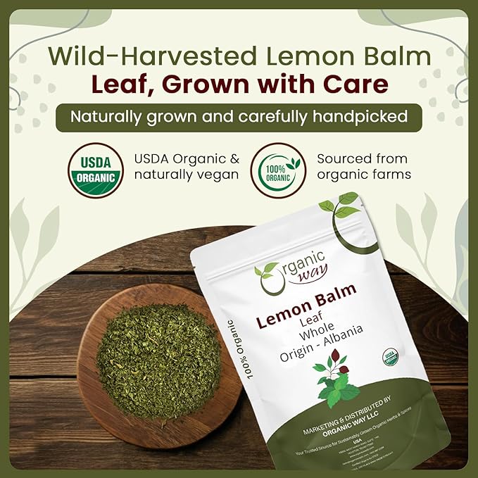 Organic Way Lemon Balm Leaf Whole (Melissa officinalis) - Herbal Tea | Organic & Kosher Certified | Vegan | Raw, Non GMO & Gluten Free | USDA Certified | Origin - Albania (1/2LBS / 8Oz)