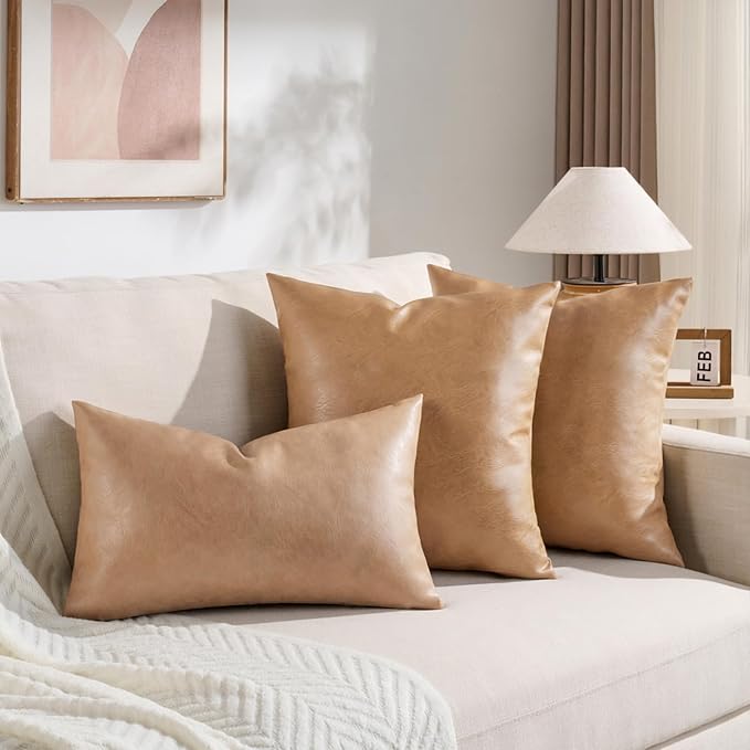 Fancy Homi Tan Long Lumbar Faux Leather Body Decorative Throw Pillow Cover 12x20 Inch for Bedroom Couch Bed Bench, Thick Beige Solid Rectangular Waterproof Cushion Case, Boho Farmhouse Room Decor