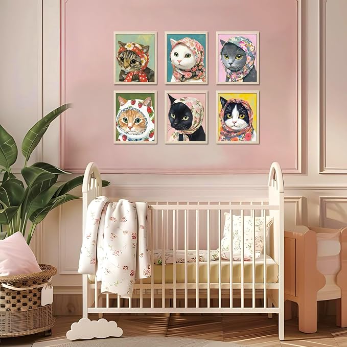 Funny Cat Poster Set of 6, Whimsical Babushka Cats Wall Art Eclectic Lover Cat Pictures Decor, Quirky Animal Pictures Canvas Painting Prints Aesthetic for Bedroom Living Room 8x10 inch Unframed