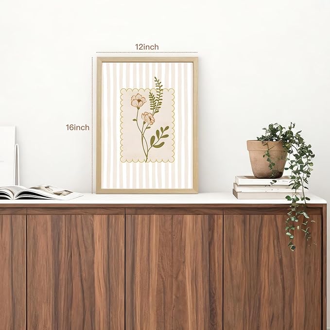 OPFDE Wood Framed Botanical Wall Art Set of 3, Neutral Wildflower Wall Decor, Minimalist Beige Stripe Poster Print, Vintage Cottagecore Farmhouse Floral Artwork for Living Room Bathroom 16x24 Inch
