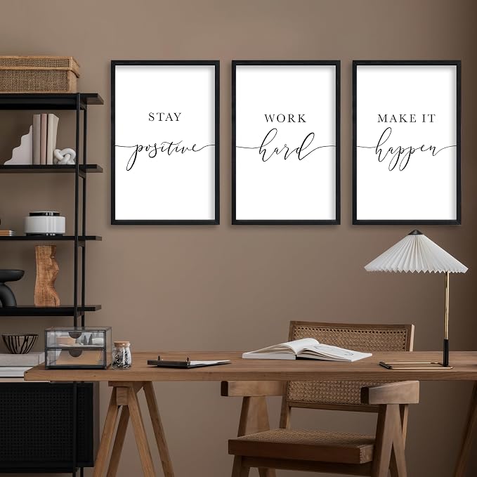 RLWangChao Inspirational Quotes Wall Art Decor 3 Piece 16"X24" Black | Modern Office, Stay Positive Work Hard Make It Happen Motivational, Framed Sign, Living Room Positive Wall Hanging