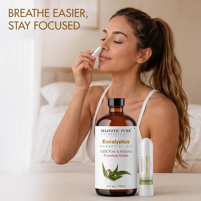 Majestic Pure Eucalyptus Essential Oil 4 Fl Oz | With Nasal Inhaler