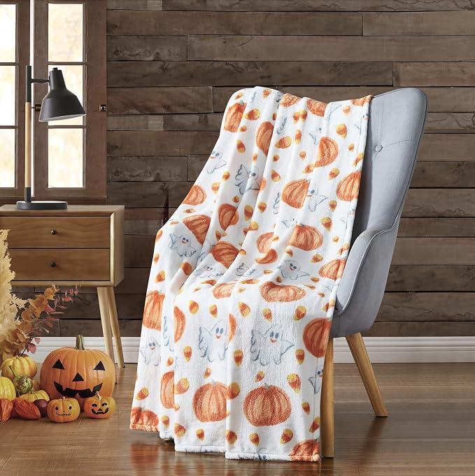Halloween Ghost Fleece Throw Blanket, Cute Ghosts & Pumpkins, 50x70 XL size | Ultra-soft cozy flannel fleece, for sofa bed couch chair & dorms, spooky Halloween décor, durable and machine washable.