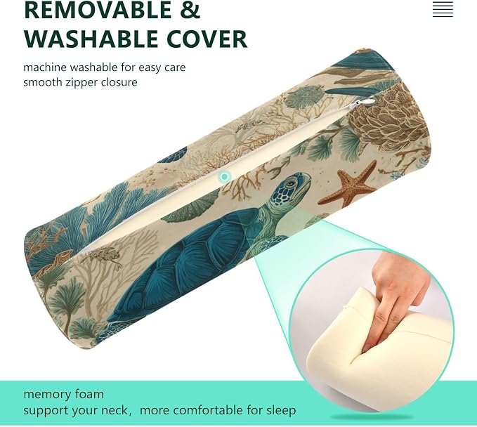 Sea Turtle Corals Starfish Neck Roll Pillow Bolster Round Health Memory Foam Long Cervical Cylinder Pillows with Removable Washable Cover for Body Bed Legs Back Yoga
