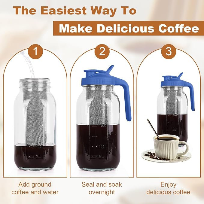Cold Brew Coffee Maker,64 oz Mason Jar Pitcher with Stainless Steel Filter, Pour Spout Handle Lid, Heavy Duty Glass Airtight & Leak-Proof for Iced Coffee Tea & Lemonade -Blue