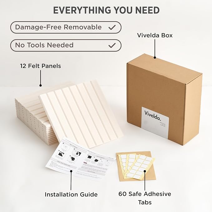 Felt Bulletin Board Tiles 48"x36" - 12-Pack Cork Board Alternative, OEKO-TEX Certified, NRC 0.95 Acoustic Felt Wall Panels, Damage-Free Adhesive, Slatted Design Home Office & Classroom (Linen)