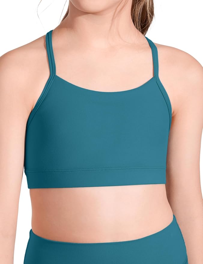 CRZ YOGA Girls Butterluxe Y Back Sports Bra - Yoga Athletic Casual Tops Scoop Neck Spaghetti Strap Padded Crop Kids Teen