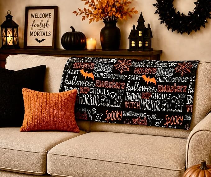 Halloween Fleece Throw Blanket, Cute Bats Ghosts Spiderwebs Print 50x70 in | Thoughtful gift idea: Great present for Halloween lovers, college students, housewarming parties, or seasonal decorators