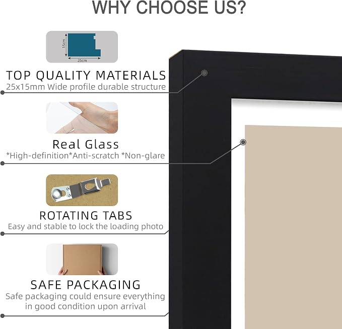 Hongkee 11x14 Picture Frame Set of 4, Made of Glass and Black Wooden Frame, Display 8x10 Pictures with Mat or 11 x 14 Posters without Mat for Wall Mounting, Gallery Photo Frames