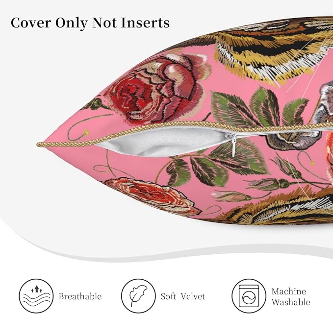 Tiger Floral Pink Velvet Pillow Covers 18x18 Inch Flower Animal Print Throw Pillows for Couch Farmhouse Cushion Covers Pillowcase Modern Pillow Cases for Sofa Bed Living Room Outdoor Decor