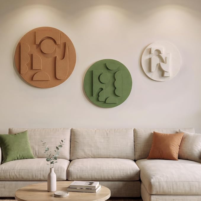 3D Textured Round Abstract Wall Art Set, 3-Piece Modern Minimalist Boho Geometric Sculptures Artwork for Walls, White Terracotta Green Paintings Wall Decor for Living Room Bedroom Dining Room Office