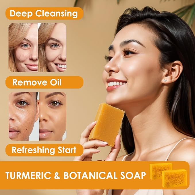 Turmeric Wash and Care 4 Piece Set – Turmeric Face Wash with Brush, Exfoliating Facial Pads, Cleansing Soap Bars & Turmeric Oil – Jabon de Curcuma, Natural Skincare for Face & Body