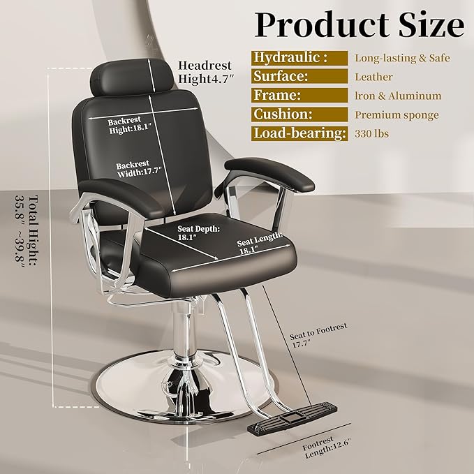 Baasha Premium Silver Reclining Salon Chair with Removable Headrest, All-Purpose Hydraulic Barber Chair, Soft PU Leather, 360° Swivel, 135° Recline, Heavy-Duty Steel Frame, 330 lbs Capacity