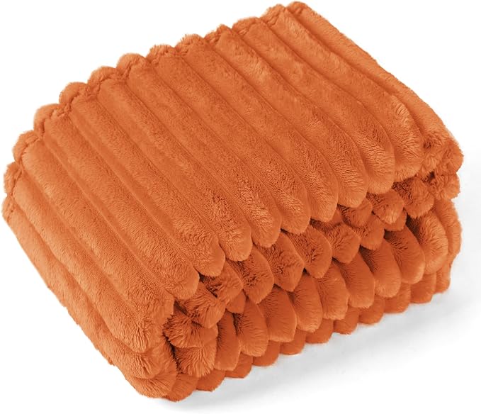 EXQ Home Fall Blanket Twin Size for Couch or Bed - 3D Stripe Jacquard Decorative Fleece Blankets - Cozy Soft Lightweight Fuzzy Flannel Blanket Suitable for All Seasons(60"×80",Orange)