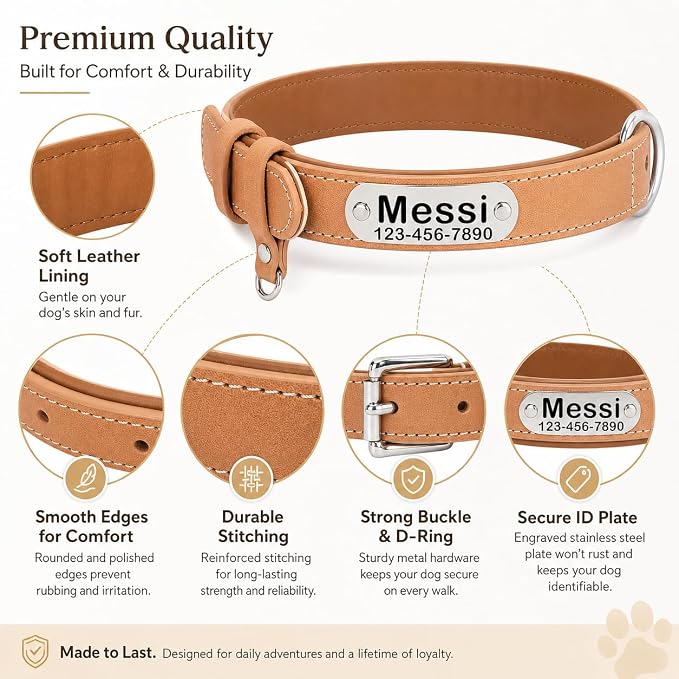Personalized Genuine Leather Dog Collar with Name Phone Number-Khaki-L