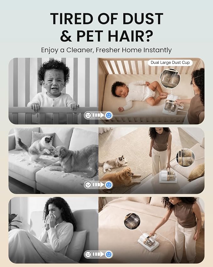 HEAPETS Mattress Vacuum Cleaner, 16Kpa Bed Vacuum with 275nm UV-C Light & 149℉ Heat & Ultrasonic, Dual High-Speed Roller Brushes & H13 HEPA Filter for Pet Hair, Bed, Sofa, Couch, Corded White