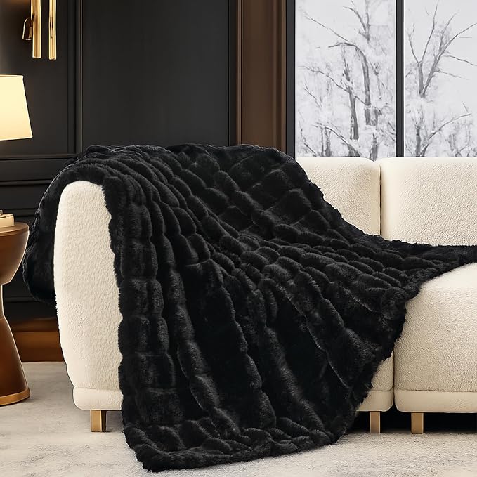 Cozy Bliss Deluxe Sheared Rabbit Faux Fur Throw Blanket, Soft Fuzzy High-Low Sculpted Plush Blanket for Couch, Cozy Home Accent, All Season Use, Black 50"x60"
