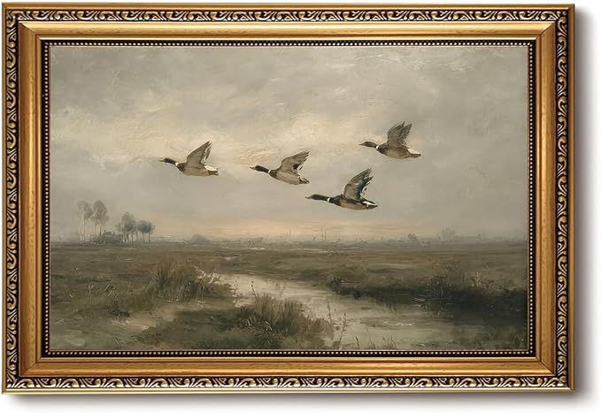 Vintage Hunting Gold Framed Wall Art Flying Mallard Duck Wall Decor Art | Rustic Landscape Painting Canvas Art Farmhouse Cottagecore Small Framed Prints Artwork Bedside Tables Foyer Bookshelf Entry