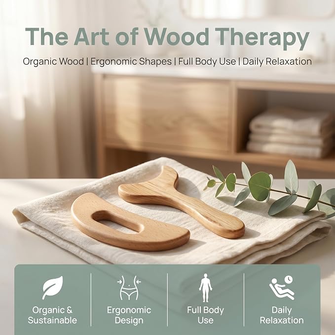2 PCS Wood Therapy Massage Tools, Wooden Gua Sha Body Massage Tool with Y Shape and Moon Shape,Massage Scraper for Body Care and Relaxation