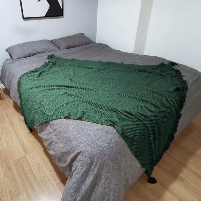 LOMAO Knitted Throw Blanket with Tassels Bubble Textured Lightweight Throws for Couch Cover Home Decor (Green, 60x80)