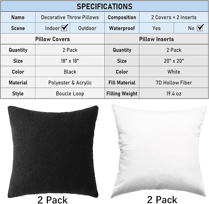 Complete Throw Pillows with Inserts, Set of 2 Decorative Throw Pillow-Boucle-18 x 18"-Square Boho Pillows for Couch, Patio, Bed, Sofa Decor (Black, 18" x 18"(Pack of 2))