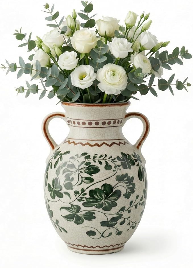 EFISPSS Ceramic Vintage Vase Decorative Spring Decor Chinese Crackle Floral Handle for Dining Room Living Room Green