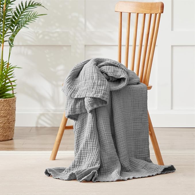 100% Cotton Muslin Blanket 50" x 60", Breathable and Lightweight Cotton Throw Blankets for Couch, Soft Cooling Summer Gauze Blanket for Adults All Season, Grey