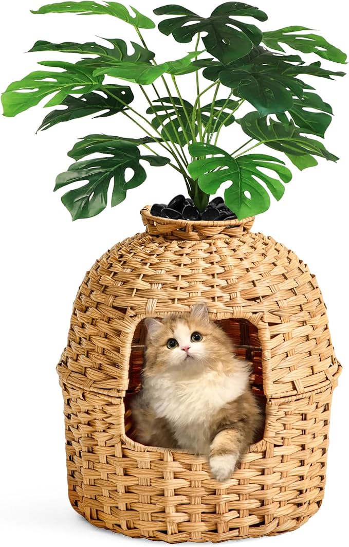 SETVSON Cat Litter Box Plant Furniture Enclosure, Rattan PE House, Natural | Decorative Planter Design, Removable Top for Easy Cleaning, Includes Artificial Plants, Real Stones, 20 x 20 Inches