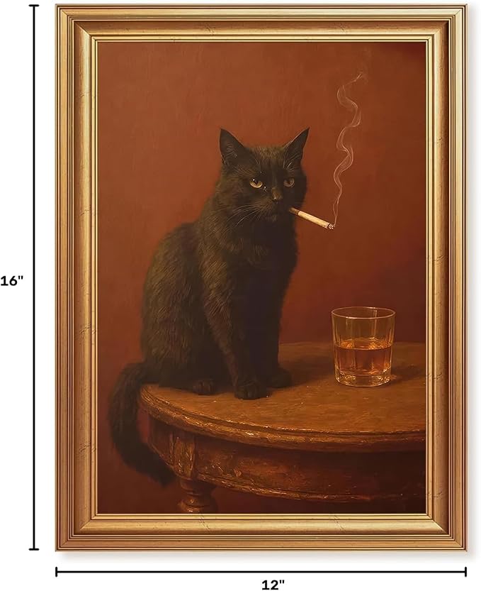 ICHZUMW Gold Framed Funny Black Cat Whiskey Vintage Canvas Wall Art 12x16In | Funny Cat Smoking Cigarette Picture, Quirky Animal Bar Wall decor, Bathroom Man Cave Bedroom, Fade Resistant, Ready to Hang