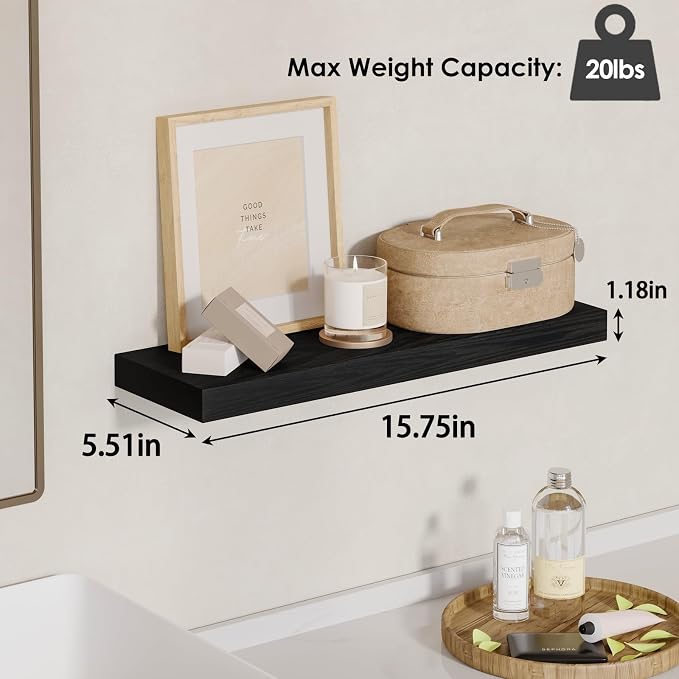 Fixwal Floating Shelves for Wall Decor (Black, Set of 4, 15.7 Inch) | MDF Shelves with Metal Brackets, Space Saving for Books, Decor, Works in Bathroom, Kitchen, Living Room, Bedroom