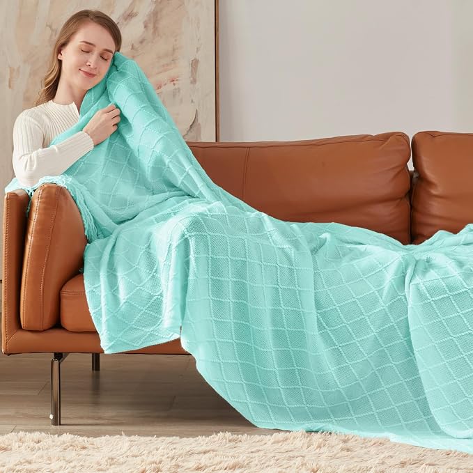 inhand Mint Green Knitted Throw Blanket for Couch and Bed, 50"x60" | Soft Living Room Home Decor Knitted Blanket with Tassel, Outdoor Lightweight Breathable , Farmhouse Warm Woven Decorative