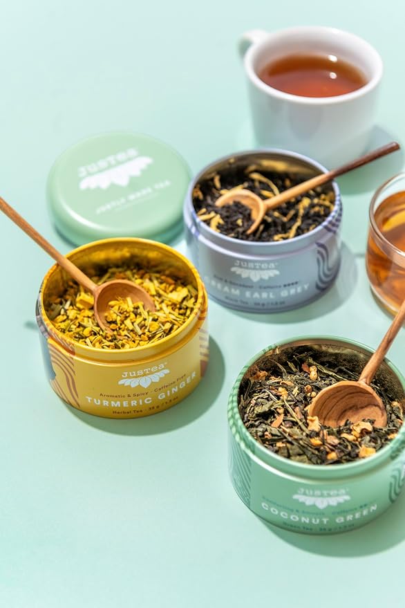 JusTea Assorted Tea Trio | Stacking Tins Variety Pack with Hand Carved Spoon | Loose Leaf Tea | Variable Caffeine | Award-Winning | Fair Trade | Non-GMO
