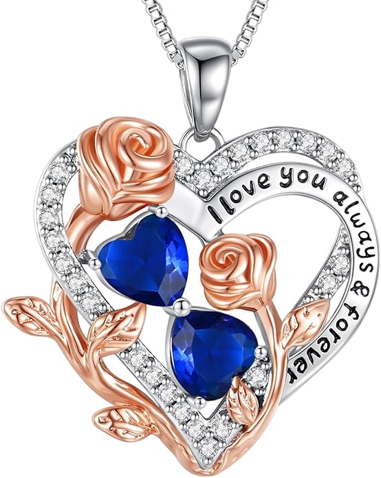 I Love You Birthstone Necklace, 925 Sterling Silver Heart Pendant with CZ Diamond Stones, Birthday Gifts for Women, Romantic Gift for Wife, Girlfriend, Her, Anniversary, Valentine's Day, Christmas