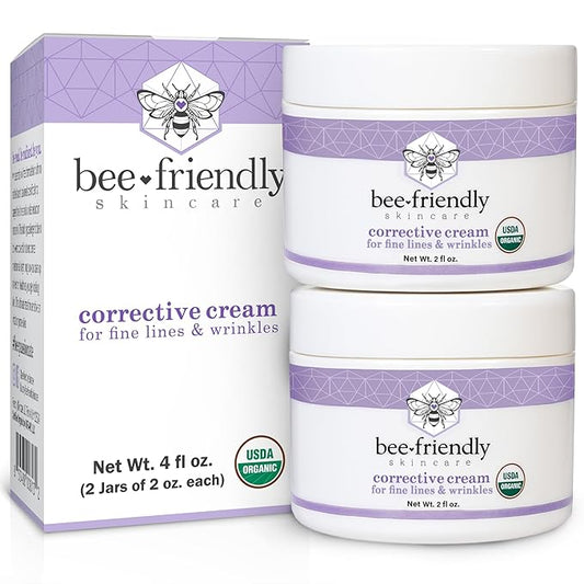 BeeFriendly Organic Corrective Cream, USDA Certified Face Moisturizer Rich Revitalizing Night Cream For Sensitive Skin Aids With Fine Lines, Wrinkles, Crows Feet, Eyes, Face, Neck 4 oz (2 Jars in box)