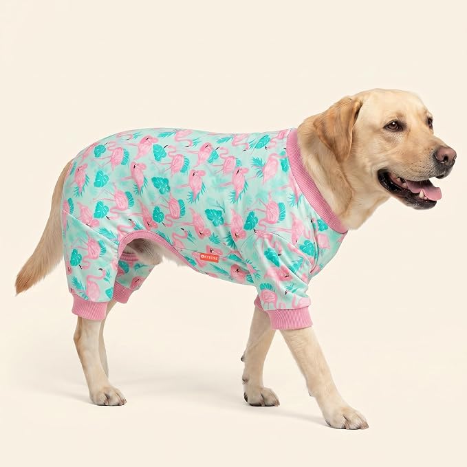 KYEESE Velvet Dog Pajamas for Medium Large Dogs Soft Onesie, Flamingo | 4-Way Stretch, Lightweight & Breathable, Reduces Shedding, Gentle on Sensitive Skin, Recovery Support, Easy Potty Breaks