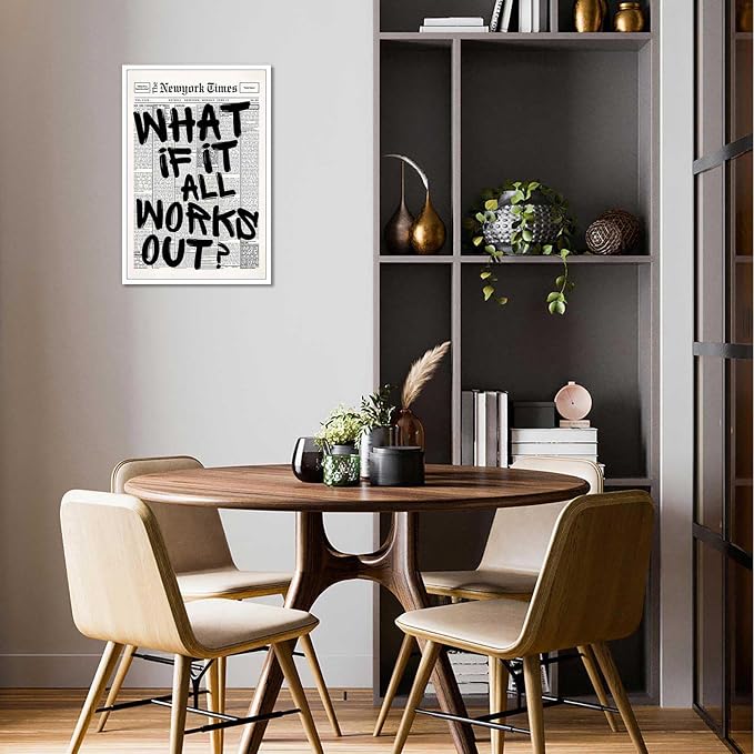 Drimiler Retro Black And White Newspaper Poster What If It All Works Out Canvas Wall Art Positive Affirming Quote Minimalist Prints Painting For Home Bedroom Dorm Wall Decor 16x24in Unframed