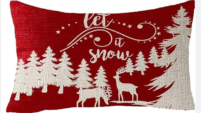 Set of 2, Happy Winter Red Snowflakes Let It Snow Baby It's Cold Outside Animal Elk Merry Cotton Linen Decorative Throw Pillow Cover Cushion Case 12''X20''inches