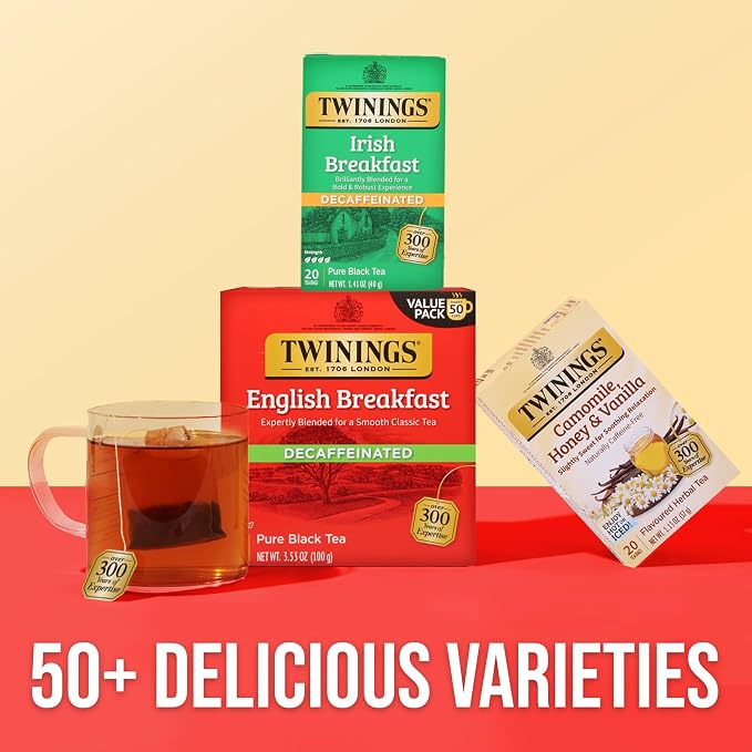 Twinings Decaffeinated English Breakfast Black Tea Bags, 50 Count (Pack of 6), Flavourful, Robust, Enjoy Hot or Iced, 300 Teabags