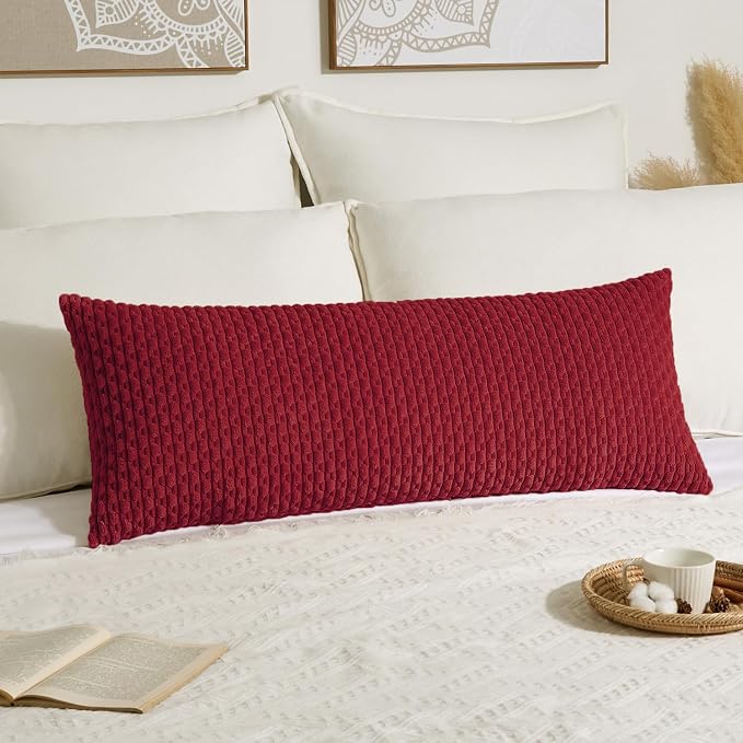 Kevin Textile Soft Corduroy 20"x54" Body Pillow Cover 1 Pack, Burgundy | Boho Stripe Plush Corduroy Decorative Oblong Cushion Cover Modern Farmhouse Home Decor for Sofa Couch Bed Chair