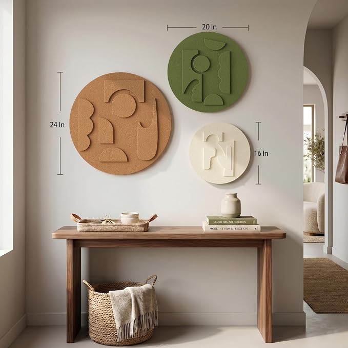 3D Textured Round Abstract Wall Art Set, 3-Piece Modern Minimalist Boho Geometric Sculptures Artwork for Walls, White Terracotta Green Paintings Wall Decor for Living Room Bedroom Dining Room Office
