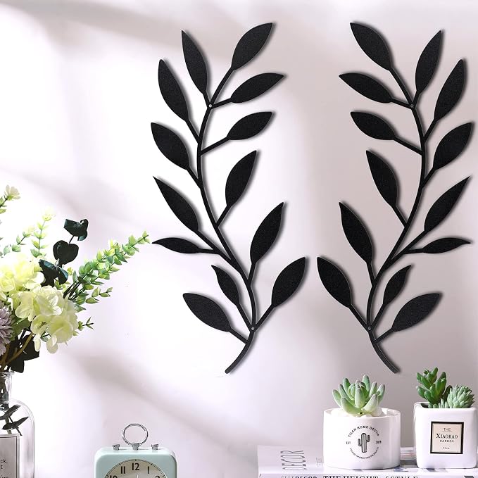 Zhengmy 2 Pcs Metal Tree Leaf Wall Art Vine Olive Branch Decor,Black | Olive Branch Metal Decor for Living Room Hallway, Symmetrical Leaf Pair for Doorway Entryway, Lightweight Hanging Art Design