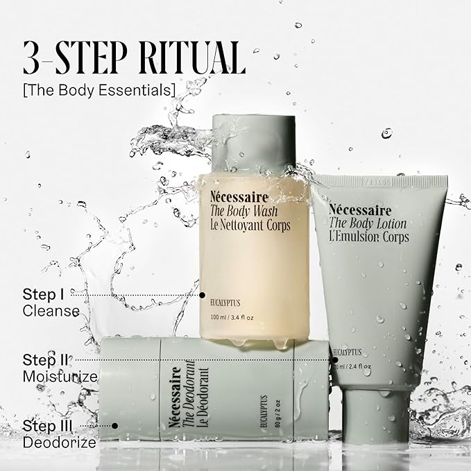 Nécessaire Body Essentials - Skin Care Gift Set For Women + Men - Travel-Size Body Wash, Body Lotion + Deodorant | Dermatologist-Tested. Hypoallergenic | Vegan | Aluminum-Free Deodorant (Eucalyptus)