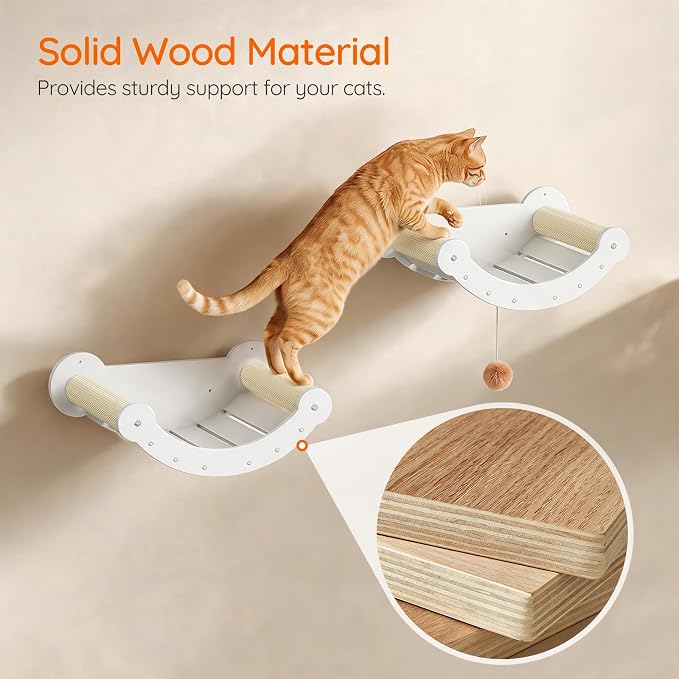 HOOBRO Wood Cat Wall Shelves for Large Cats, Wall-Mounted Cat Shelves and Perches, Cat wall Furniture Set with Cat House, Transparent Capsule Hammock, for Sleeping, Playing & Climbing, White WT48CS03