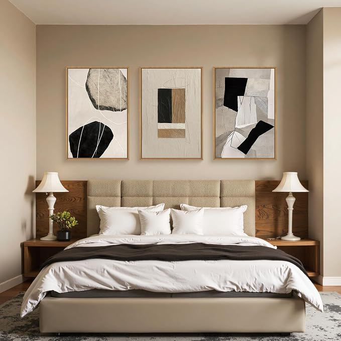 FWIEXA Large Neutral Abstract Wall Art Set of 3, Framed Modern Canvas Paintings for Living Room, Beige Black White Prints Artwork, 24x36 Inch Pictures Wall Decor for Bedroom, Bathroom, Hallway, Office