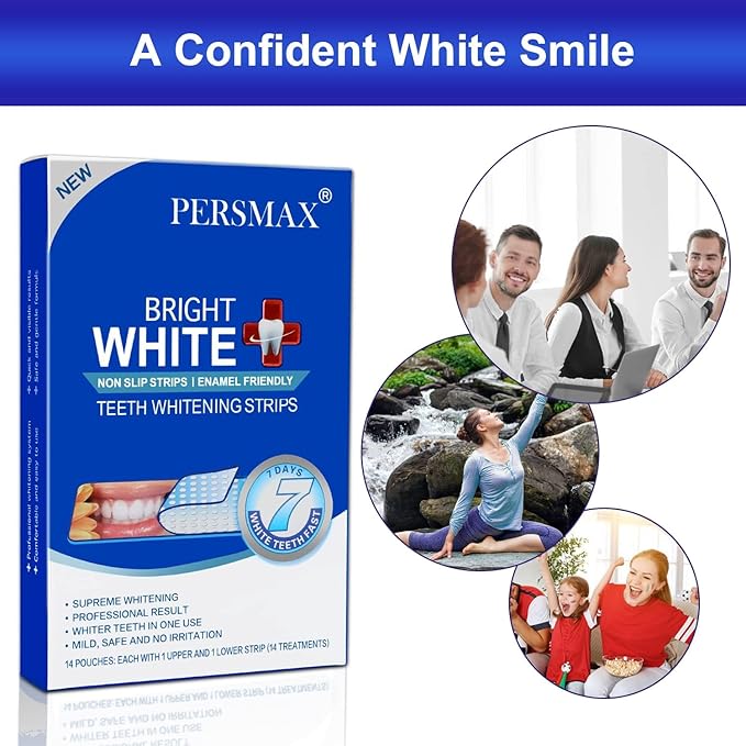 PERSMAX Teeth Whitening Strips – Professional Dentist Approved, Gum-Safe Formula, 28 Non-Slip Strips Kit, 14 Treatment, Pain-Free Express Whitening in 30 Min, Easy to Use for Bright Smile