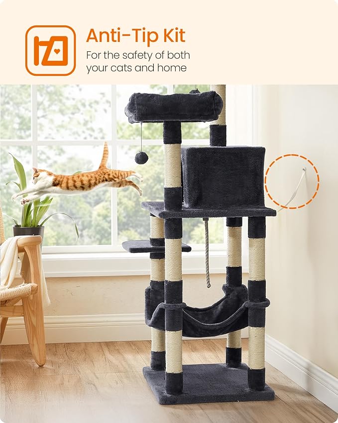 Feandrea Cat Tree, 55.8-Inch Cat Tower, Multi-Level Plush Condo with 11 Scratching Posts, 2 Perches, Hammock, Cave, Smoky Gray UPCT15GYZ